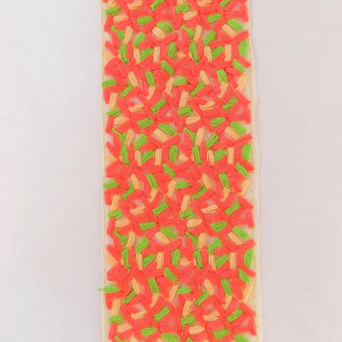 Beige Sheer Tissue Fabric Trim With Cotton Thread Embroidery In Tomato Red, Green And Nude, Fabric Lace